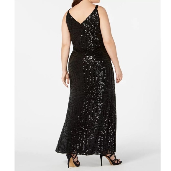 Nightway Sequin Evening Gown with Front Slit in Navy - Picture 3 of 5